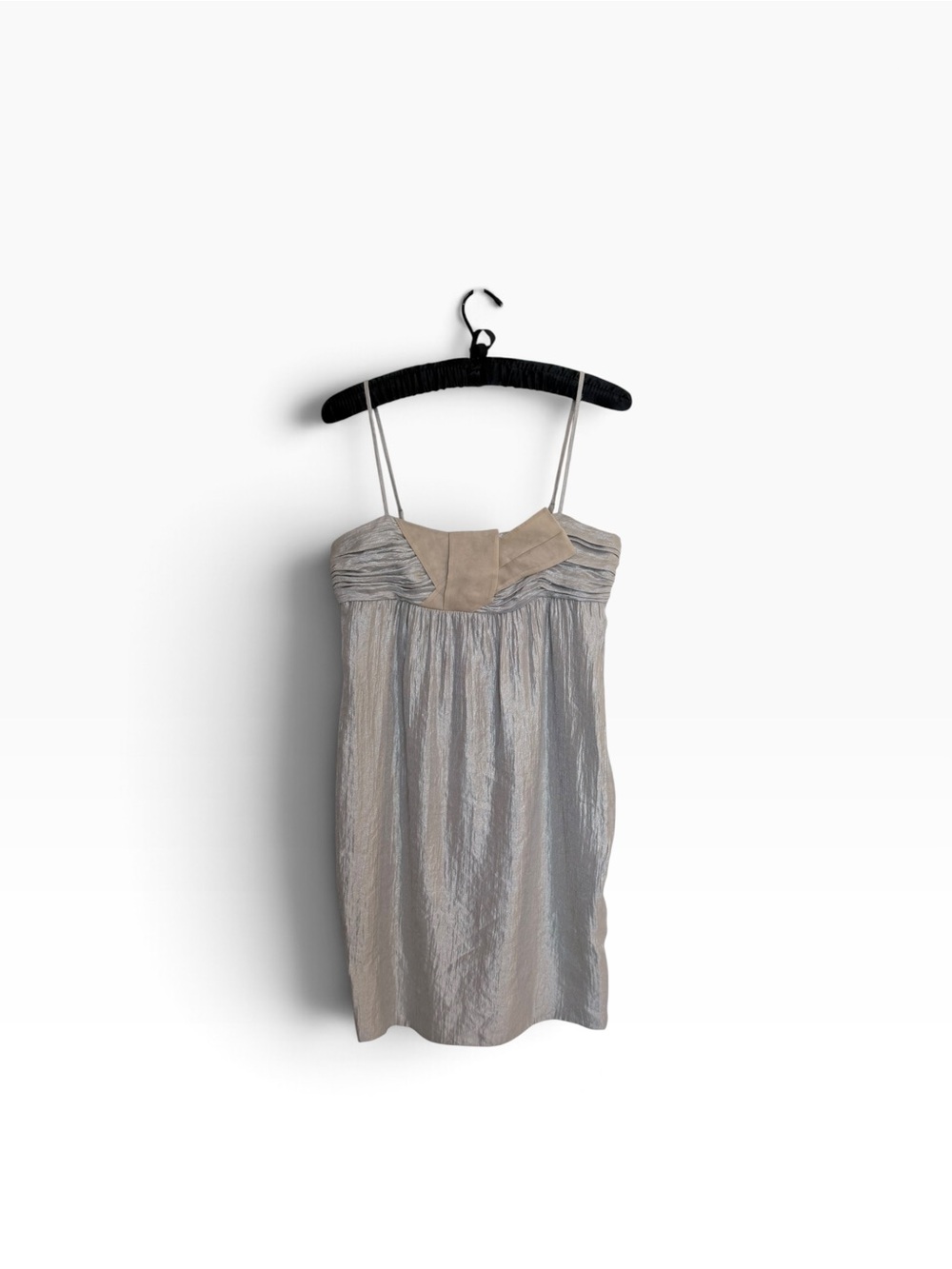 Vintage BCBG Silver-Tone Mini Dress with Beige Bow Yoke
